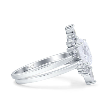 Two Piece Vintage Style Art Deco Wedding Bridal Set Ring Band Oval Simulated Cubic Zirconia 925 Sterling Silver